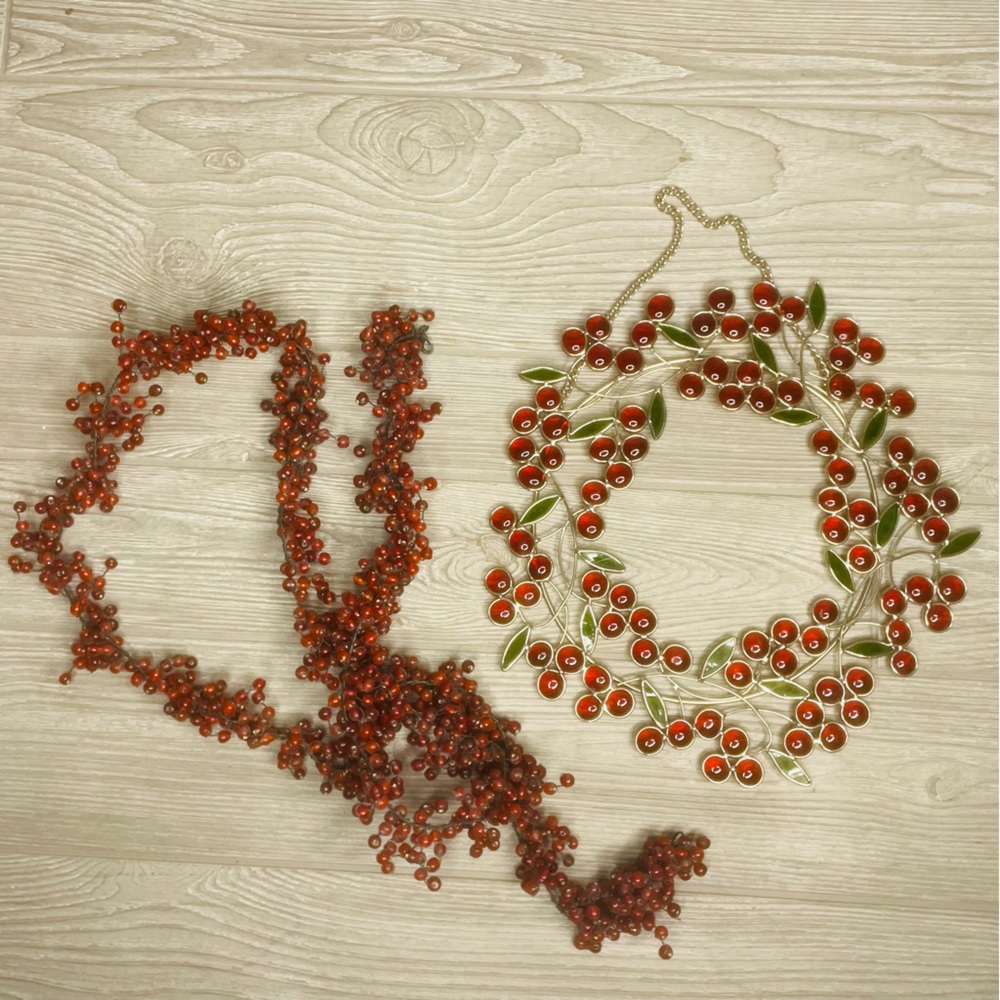Christmas decoration heavy red beaded garland and suncatcher style wreath decor